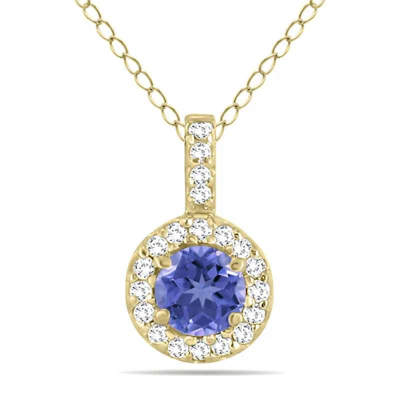 1/2 Carat Tw Halo Tanzanite And Diamond Pendant In 10K Yellow Gold