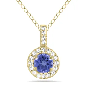 1/2 Carat Tw Halo Tanzanite And Diamond Pendant In 10K Yellow Gold