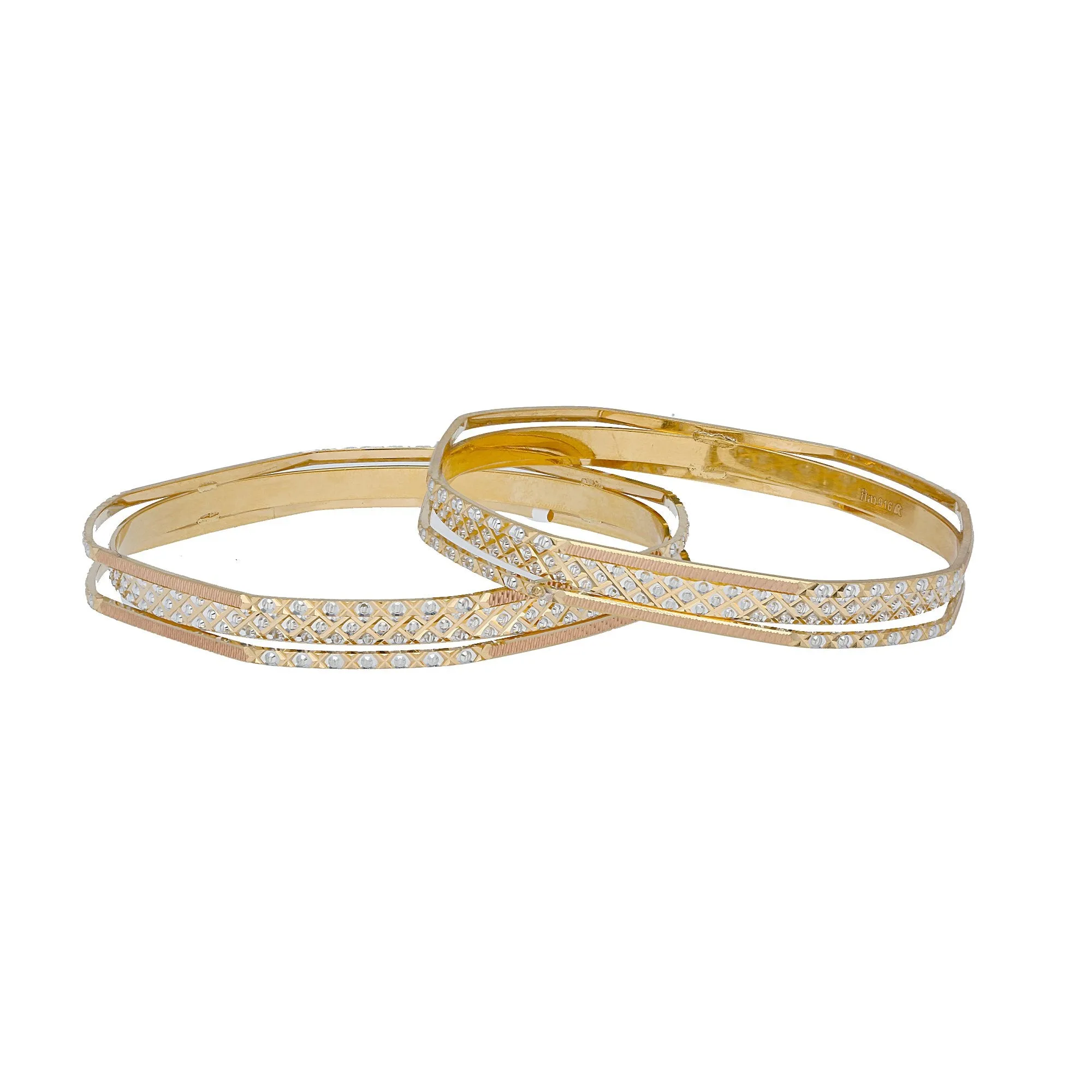 22K Multi Tone Gold Laser Bangles Set of 2 W/ Stacked Band & Diamond Cutting Accents