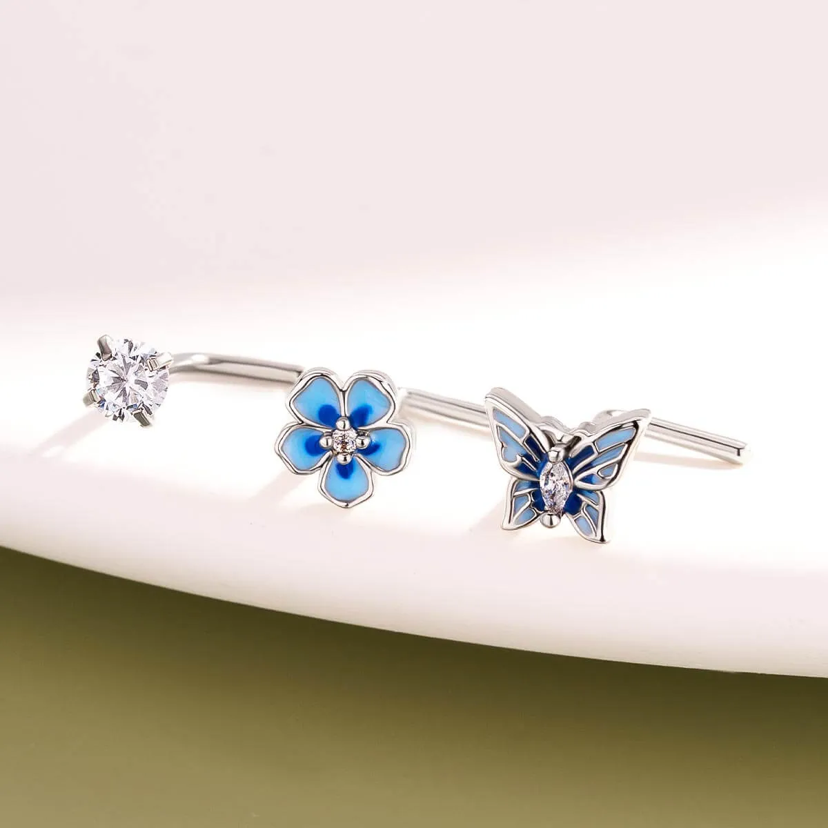 3PCS Blue Flower/Butterfly/Clear CZ Nose Studs