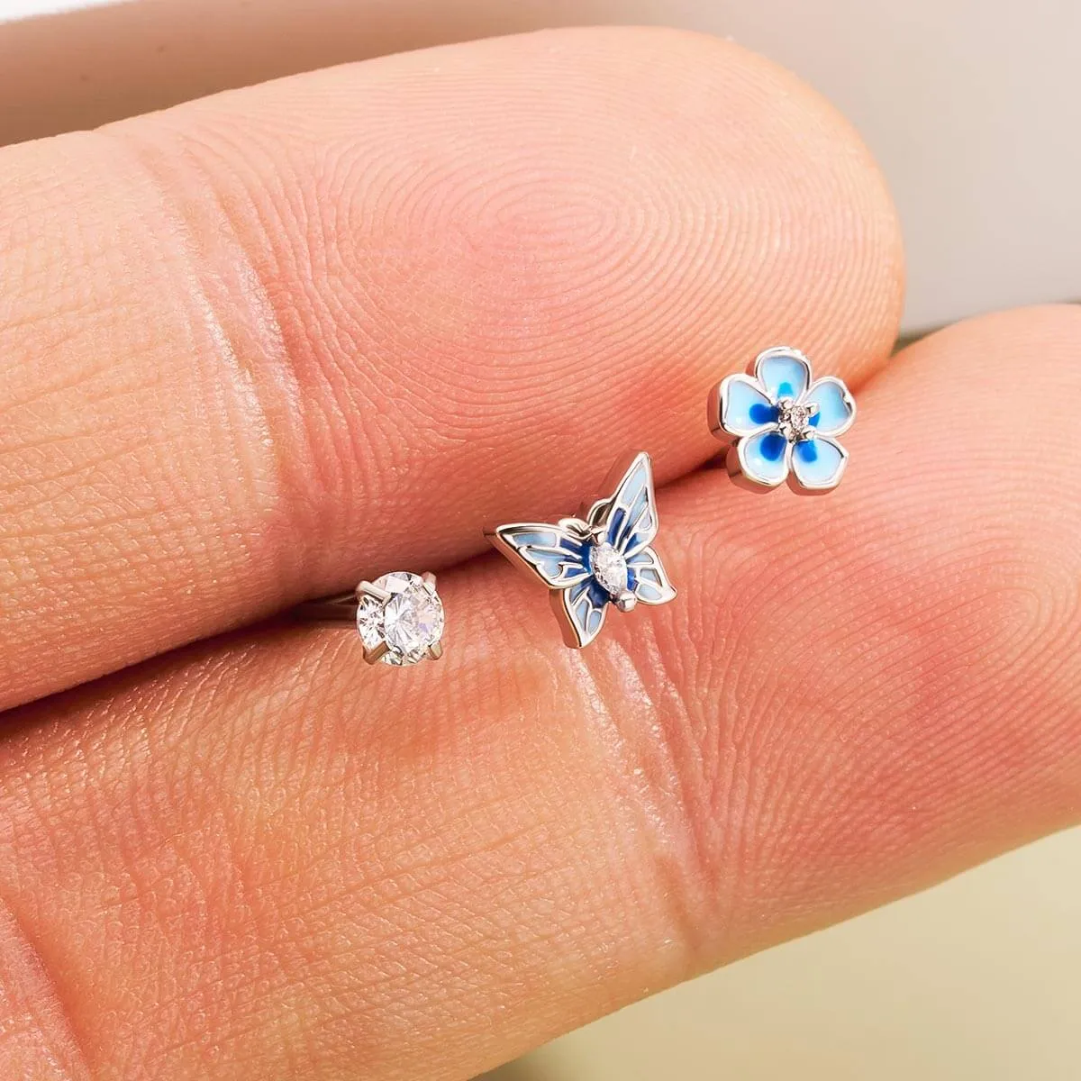 3PCS Blue Flower/Butterfly/Clear CZ Nose Studs