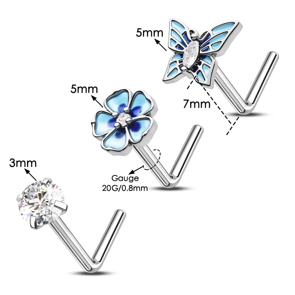 3PCS Blue Flower/Butterfly/Clear CZ Nose Studs