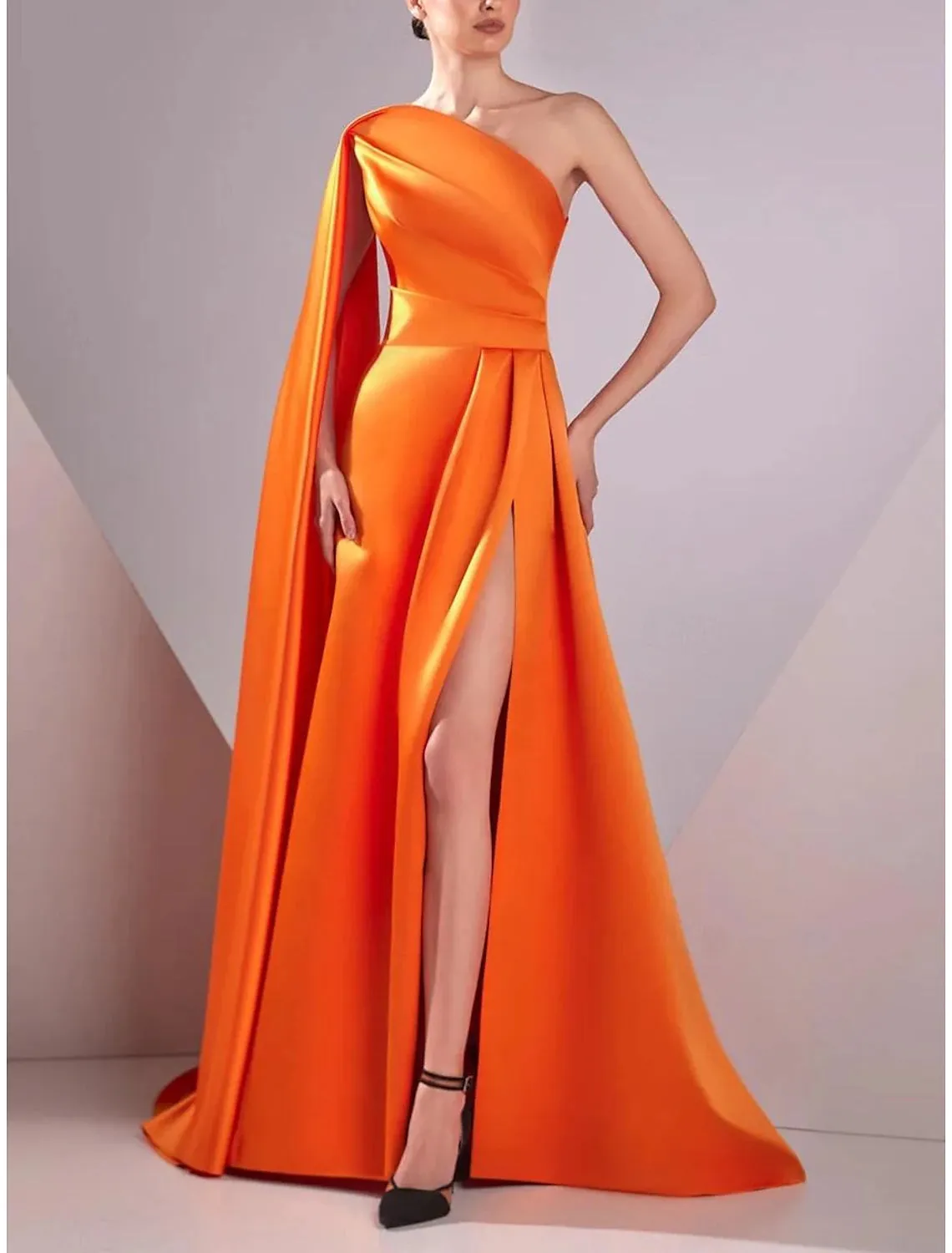 A-Line Evening Gown Elegant Formal Evening Dresses Floor Length Sleeveless One Shoulder Pocket Satin with Ruched