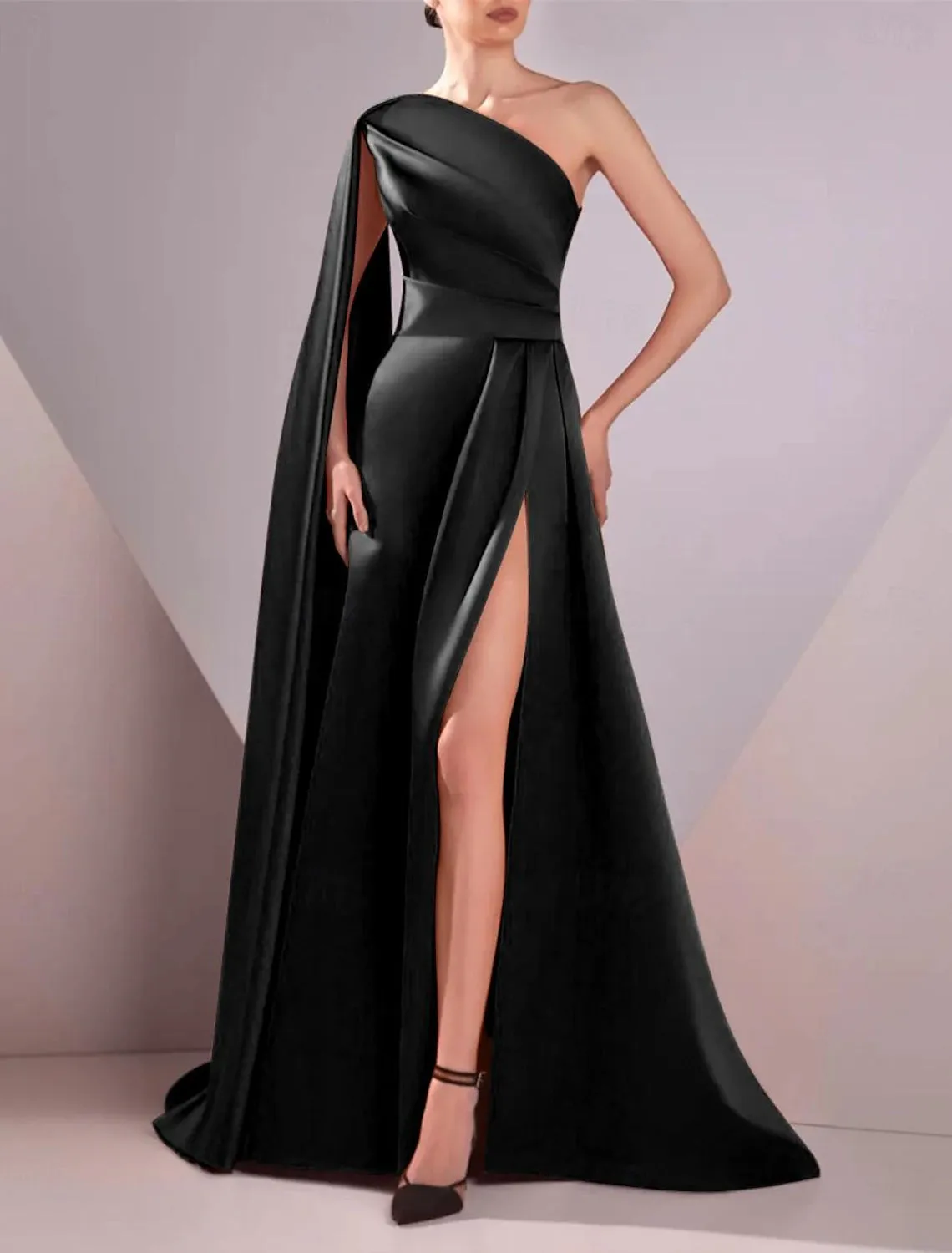 A-Line Evening Gown Elegant Formal Evening Dresses Floor Length Sleeveless One Shoulder Pocket Satin with Ruched