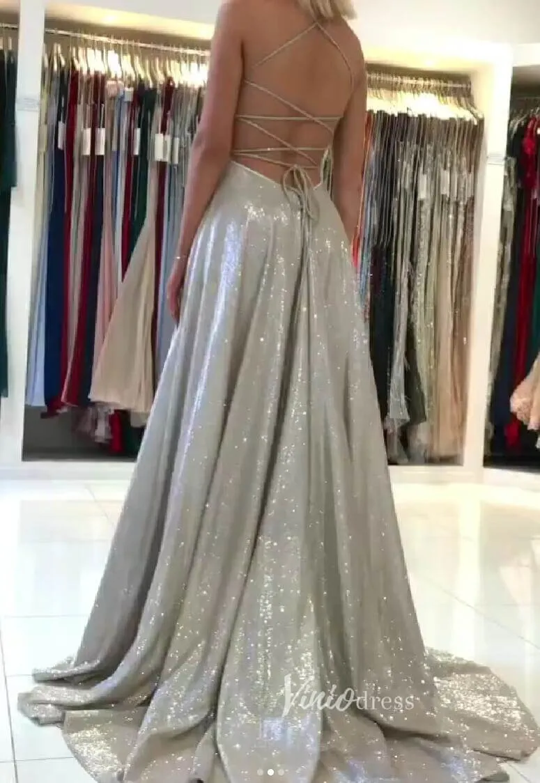 A-line Sparkly Grey Prom Dresses Spaghetti Strap V-neck FD1780C