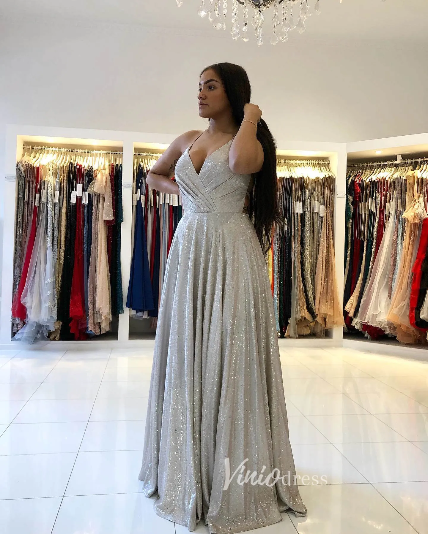 A-line Sparkly Grey Prom Dresses Spaghetti Strap V-neck FD1780C