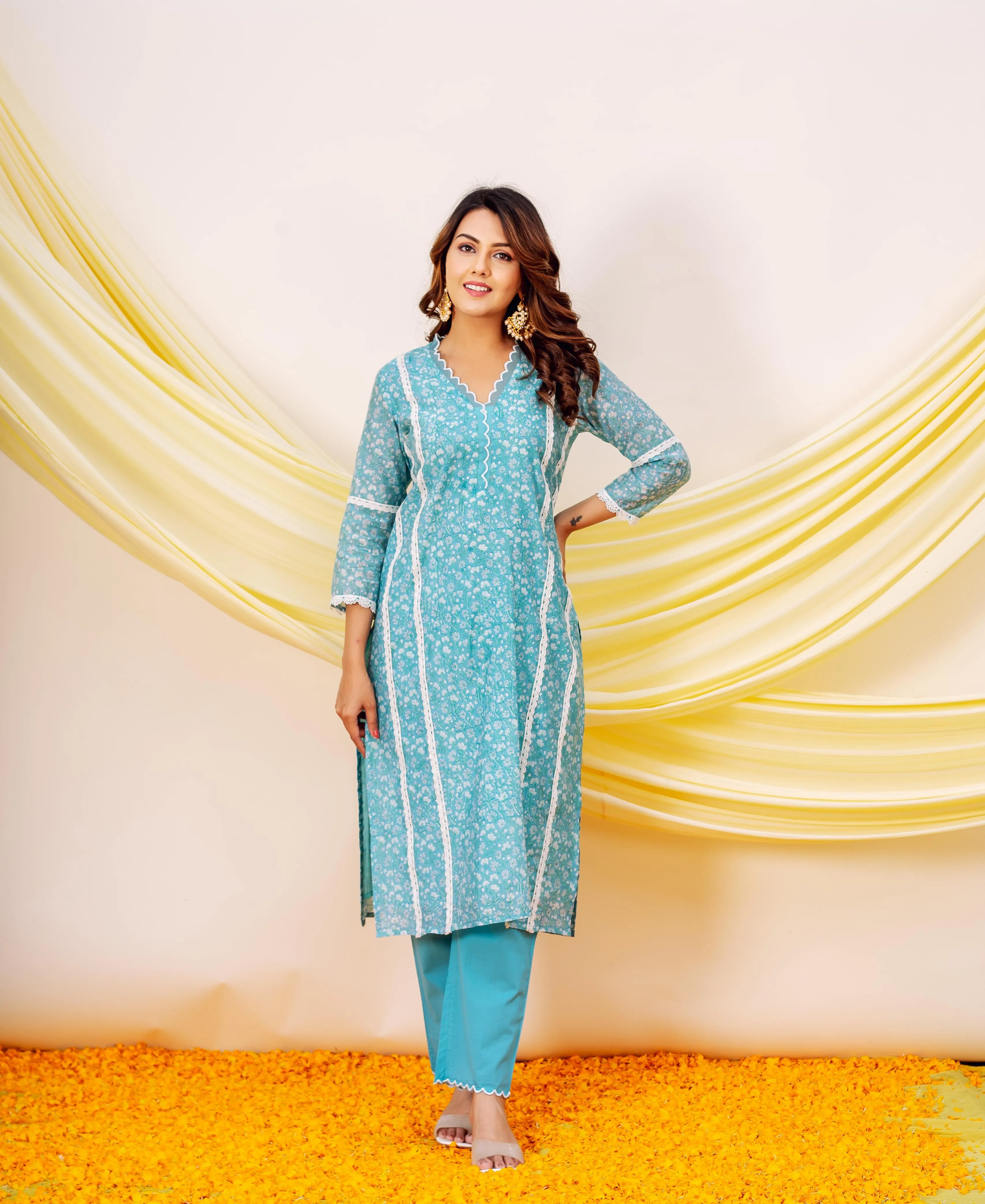 Amara Luxurious Blue Hand Block Printed Chanderi Kurta