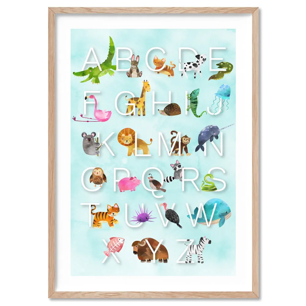 Animal Alphabet in Watercolours | Teal - Art Print