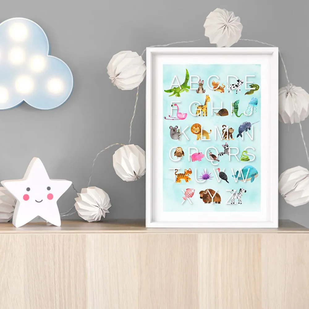 Animal Alphabet in Watercolours | Teal - Art Print