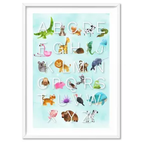 Animal Alphabet in Watercolours | Teal - Art Print