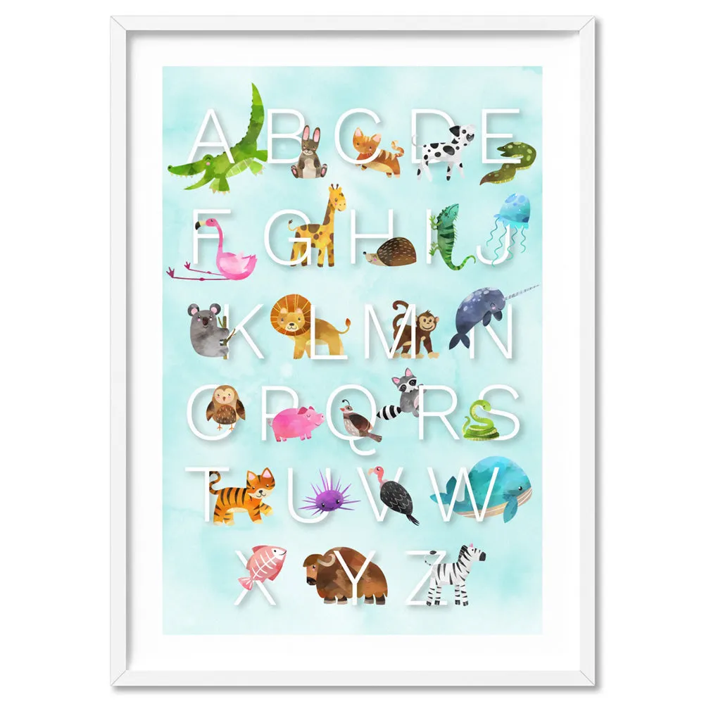 Animal Alphabet in Watercolours | Teal - Art Print