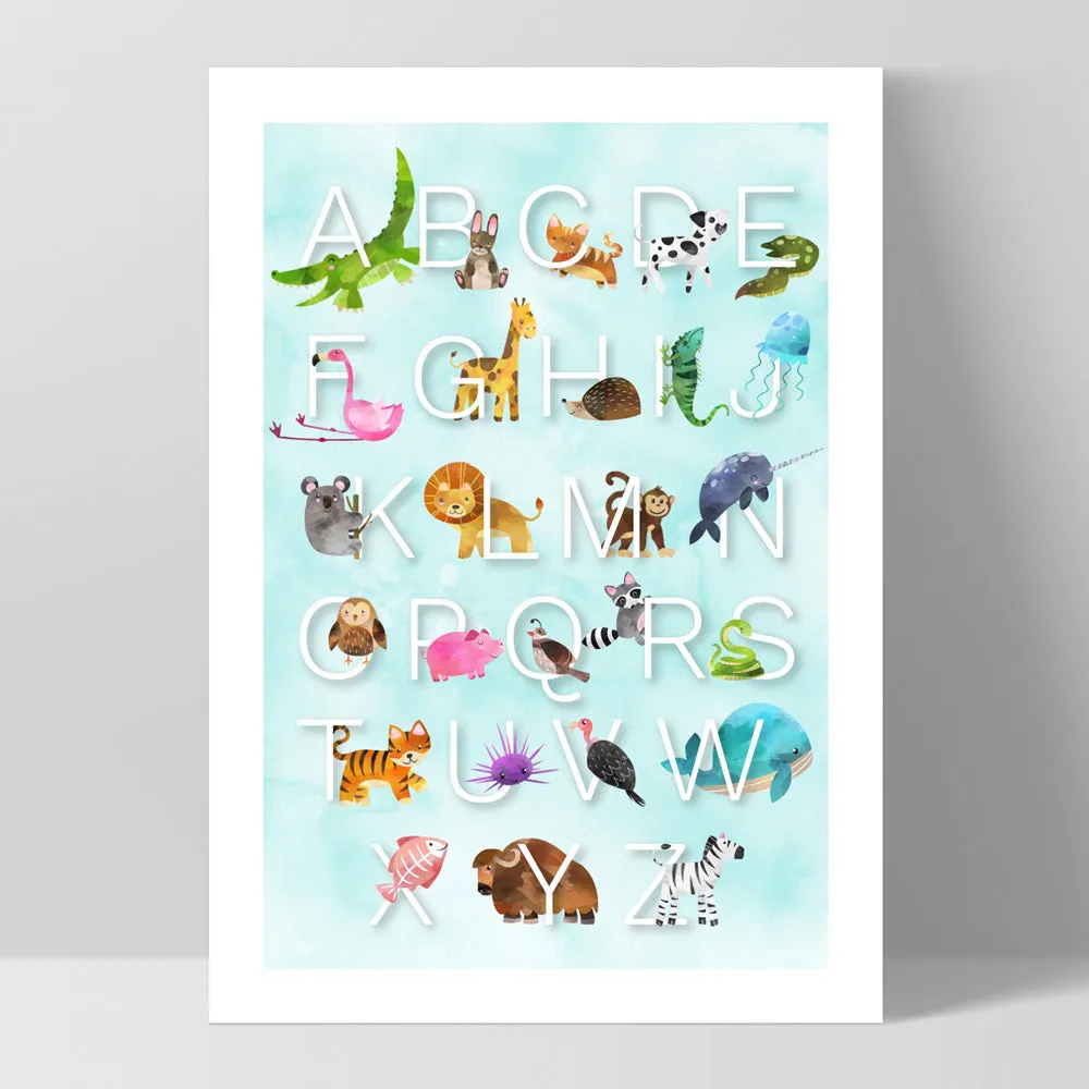 Animal Alphabet in Watercolours | Teal - Art Print