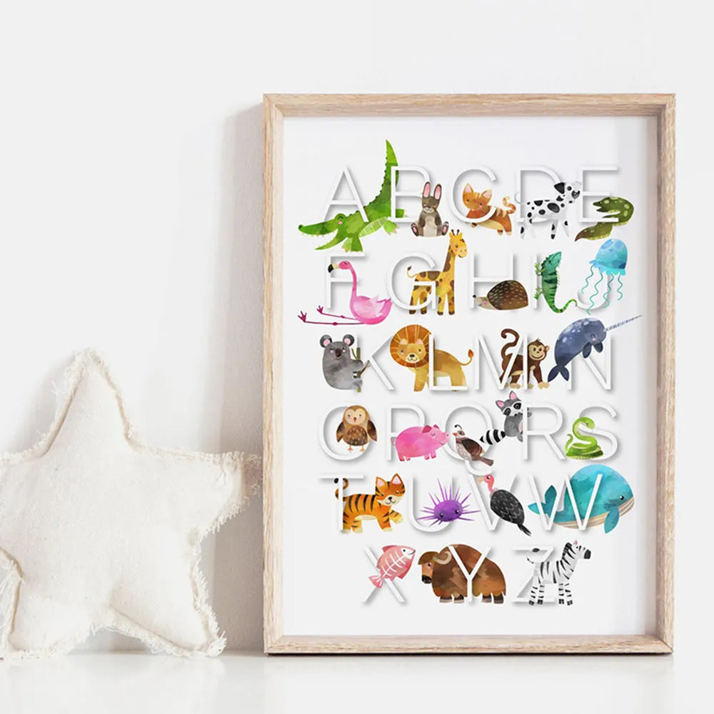 Animal Alphabet in Watercolours | White - Art Print