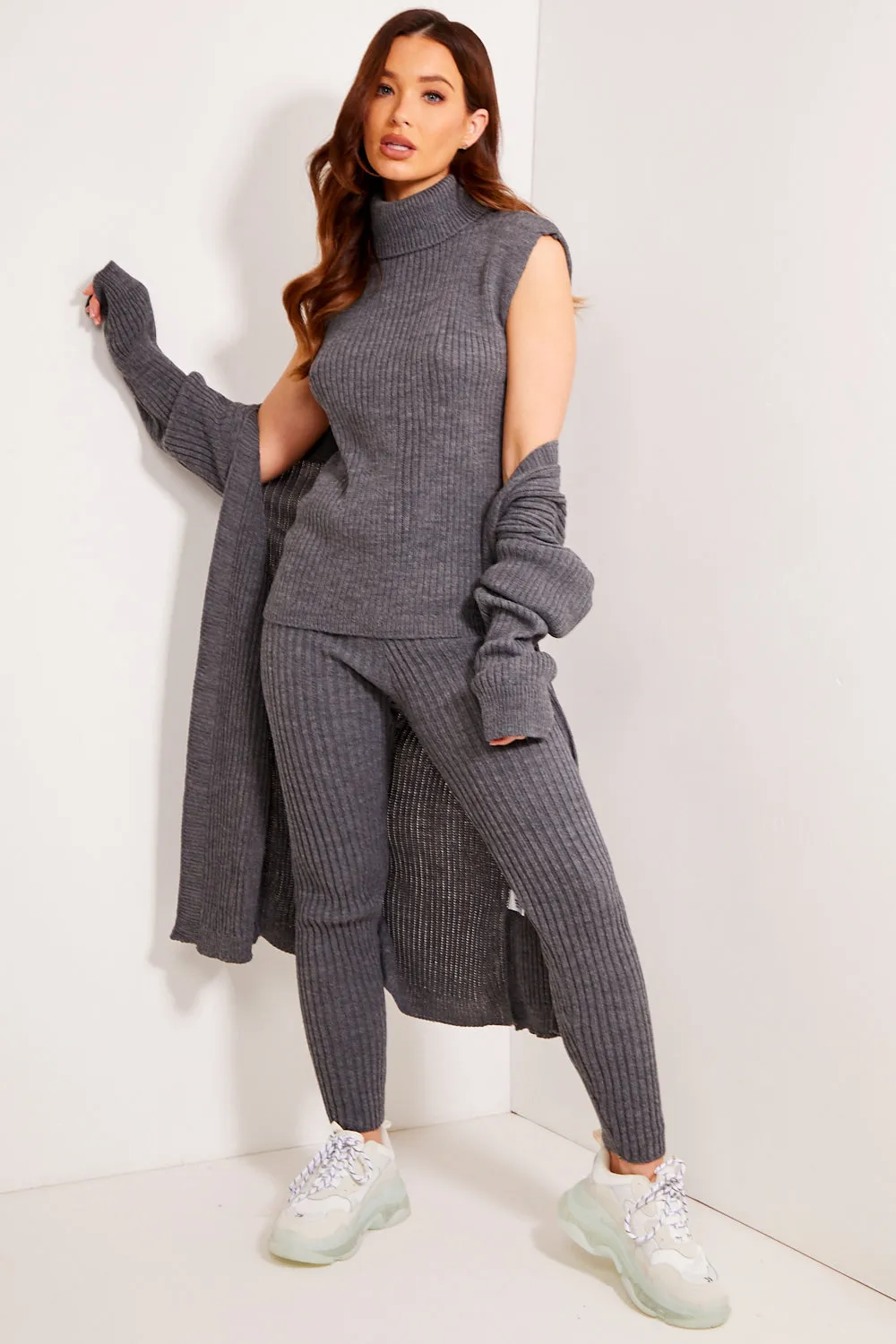 Ariannas Charcoal Roll Neck Knitted 3 Piece Loungewear Set