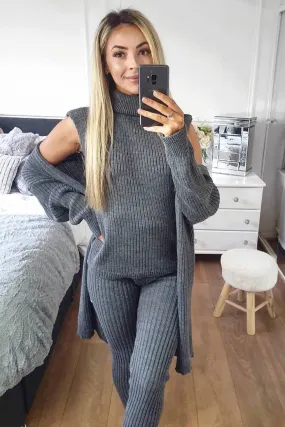 Ariannas Charcoal Roll Neck Knitted 3 Piece Loungewear Set