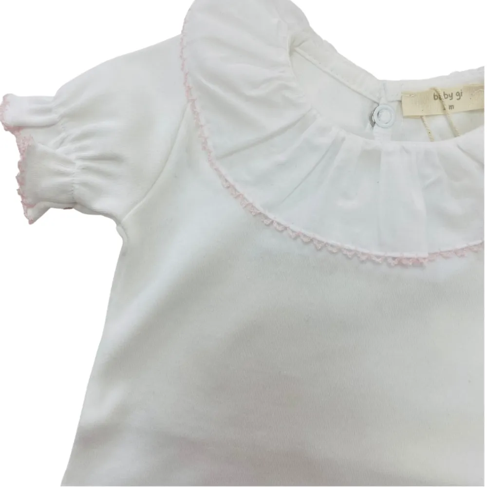 Baby Gi Short Sleeved Bodysuit with Pink Trim Collar