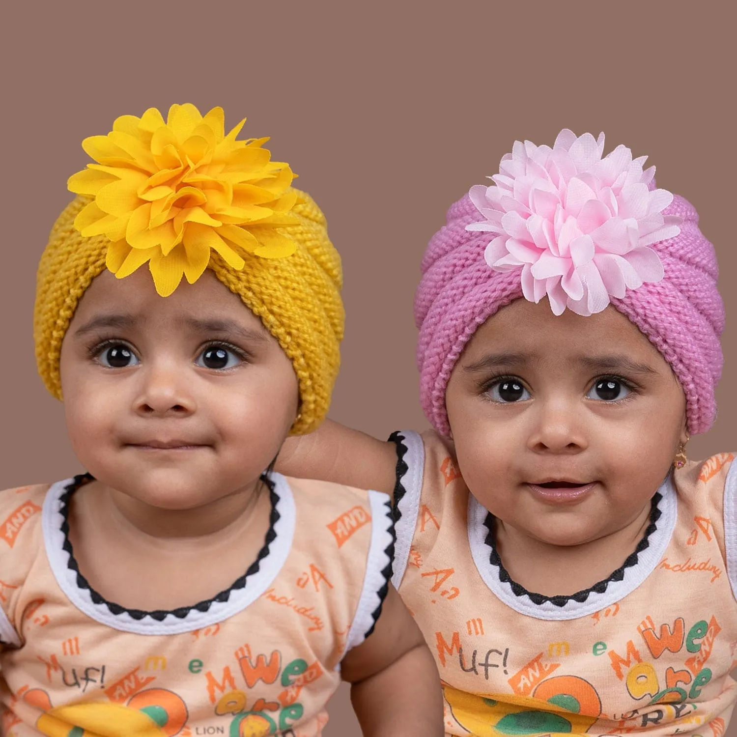 Baby Moo Girls Floral Petals 2 Pack Knitted Turban Caps - Yellow, Pink