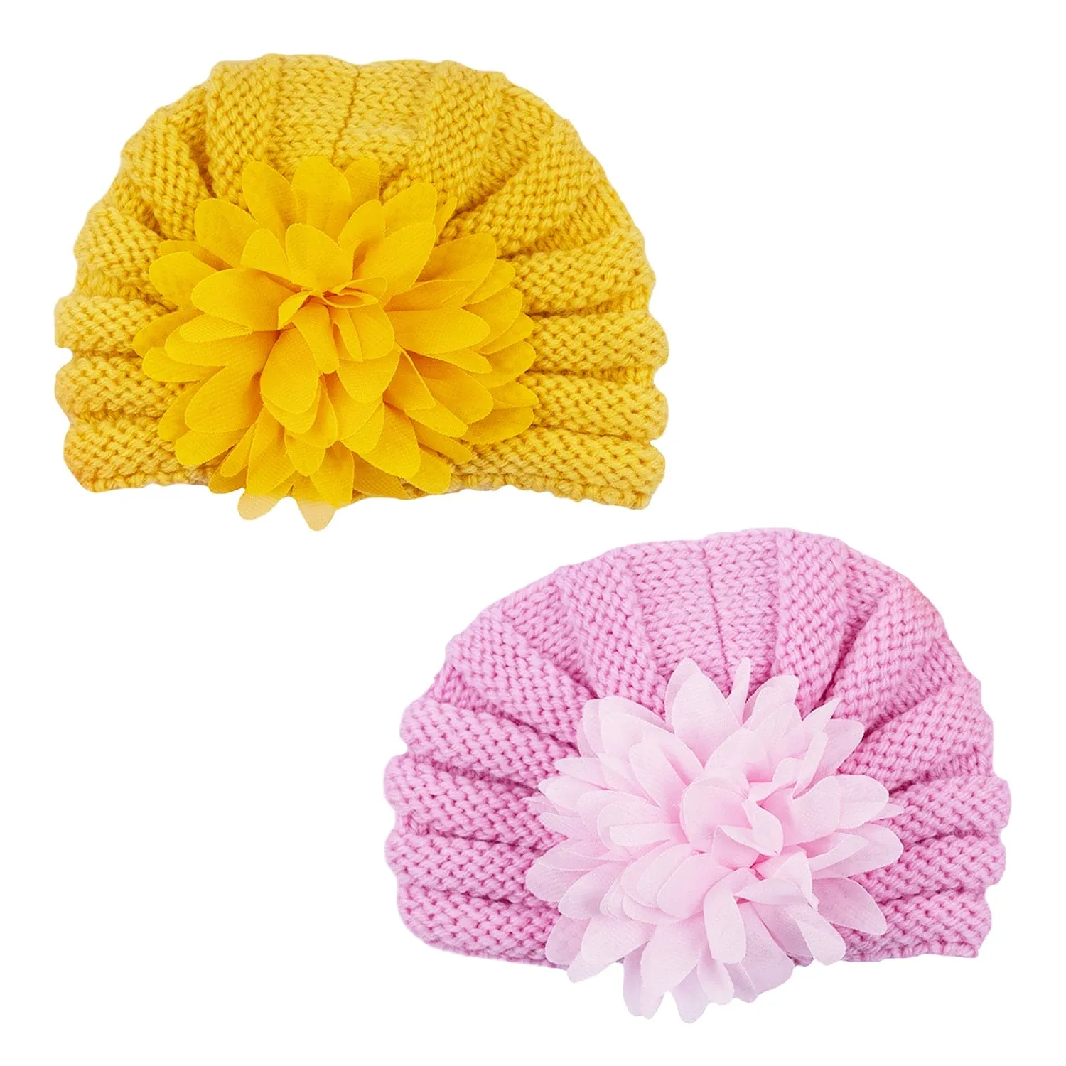 Baby Moo Girls Floral Petals 2 Pack Knitted Turban Caps - Yellow, Pink