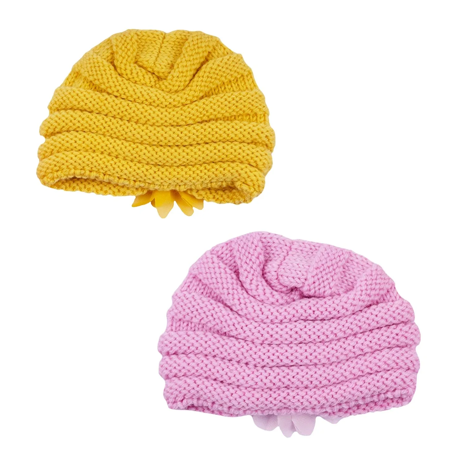 Baby Moo Girls Floral Petals 2 Pack Knitted Turban Caps - Yellow, Pink