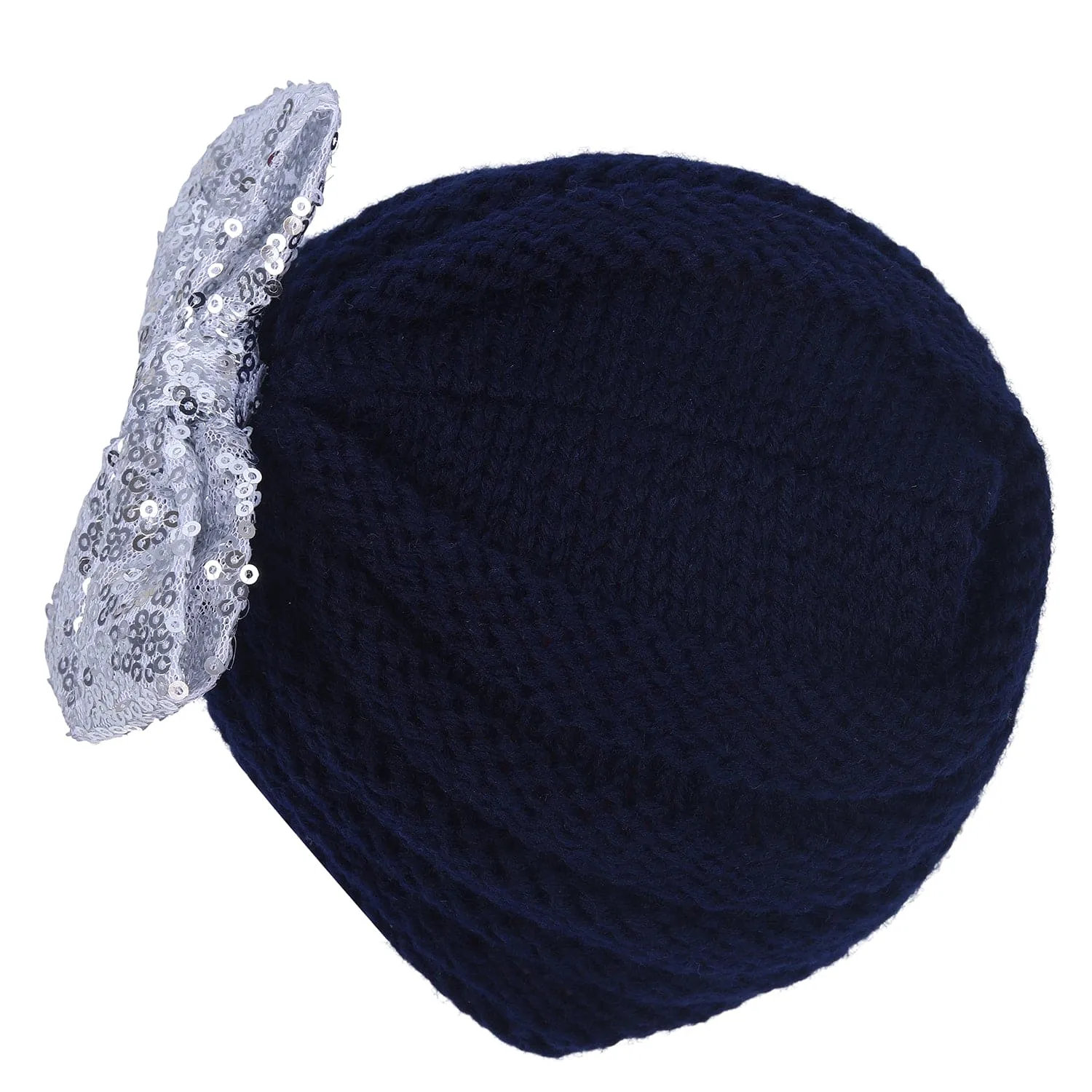 Baby Moo Partywear Bow Knitted Turban Woolen Cap - Navy Blue