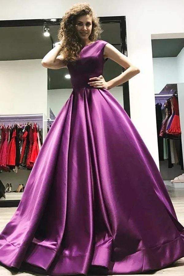 Ball Gown V-Neck Sweep Train Satin Sleeveless Backless Prom Dress,DP0216