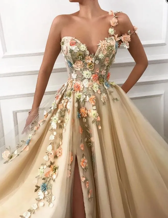 Beautiful One Shoulder A-Line Tulle Prom Dresses With Flowers,DP492