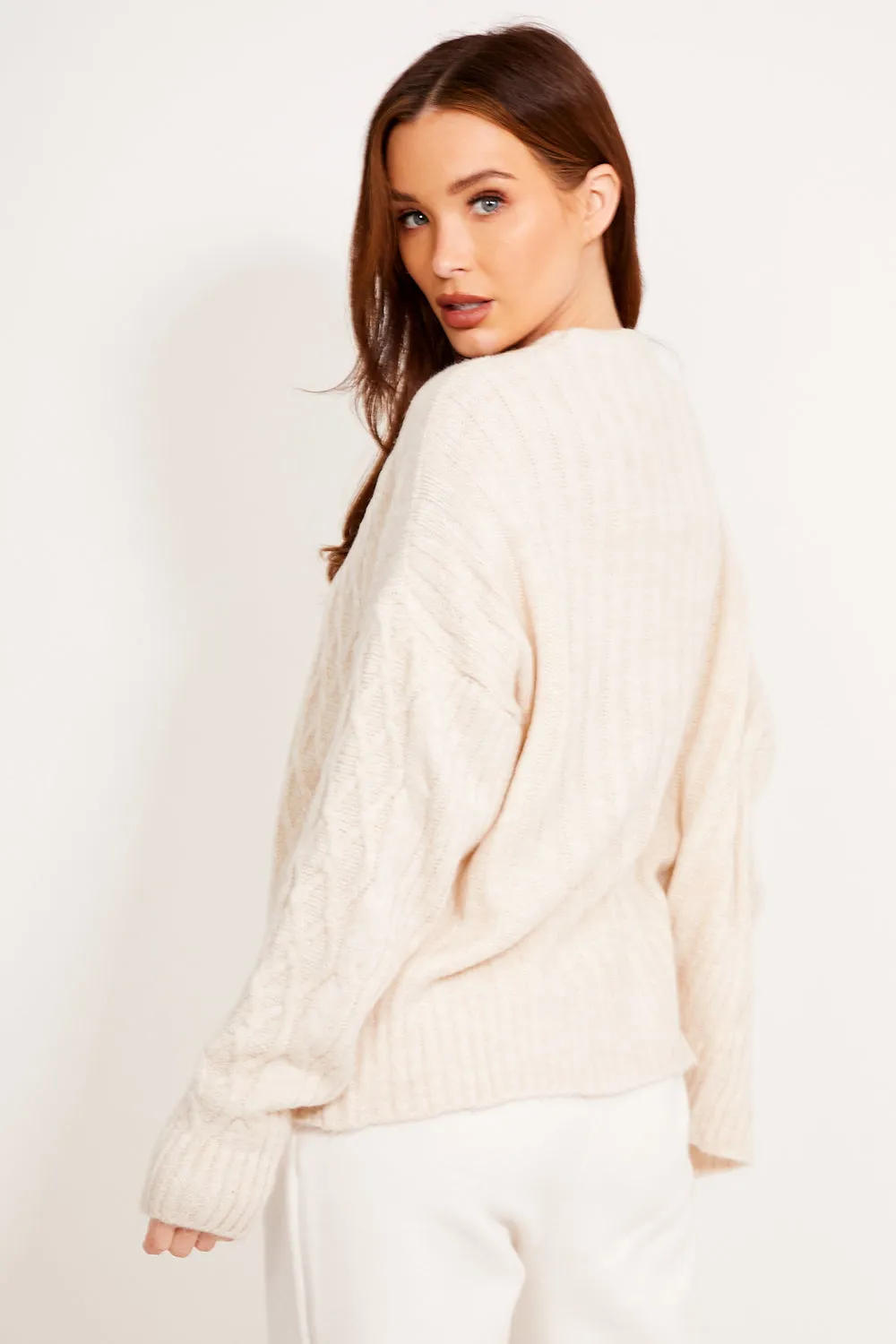 Beige Cable Knit Button Up Cardigan