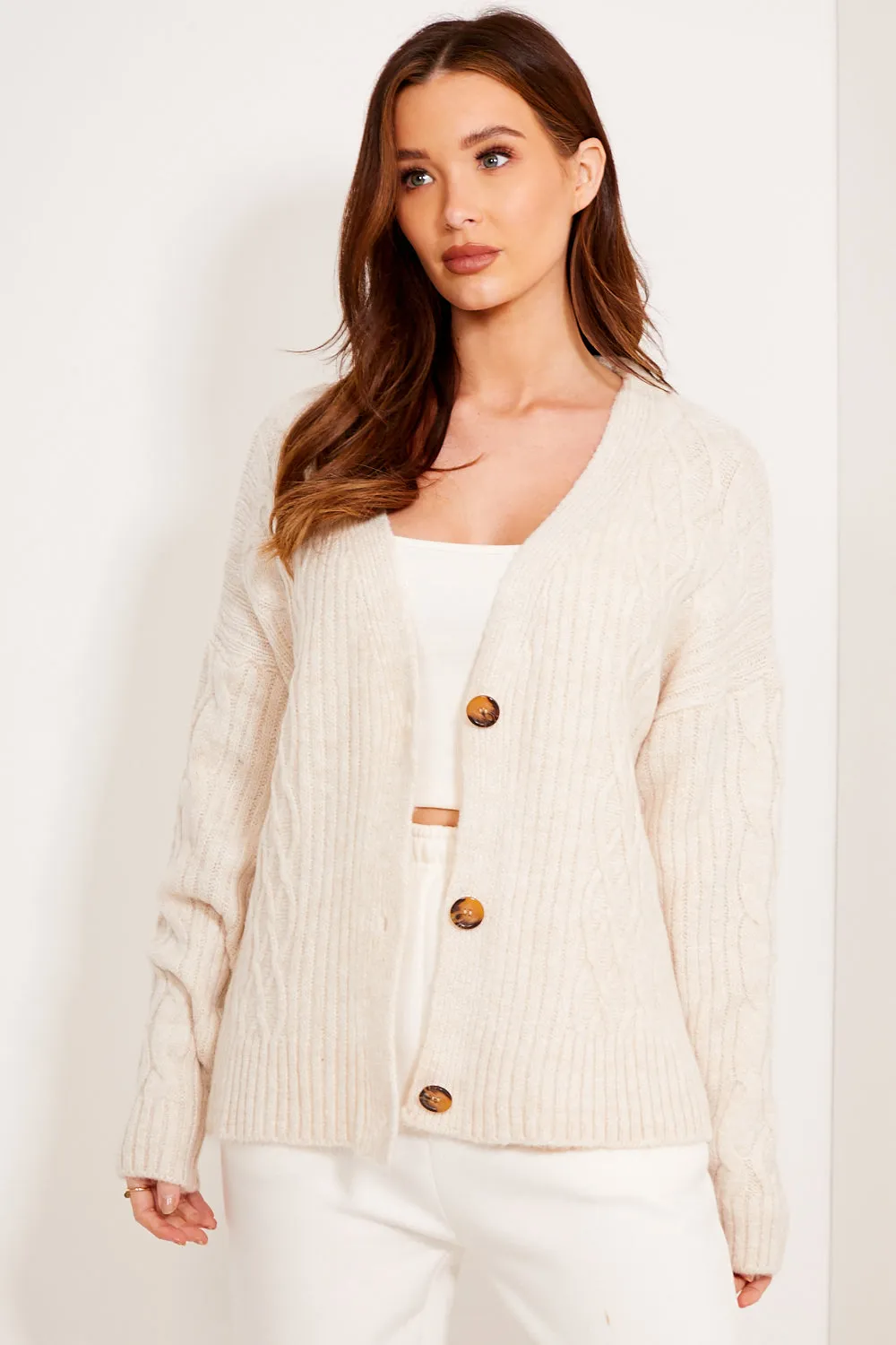 Beige Cable Knit Button Up Cardigan