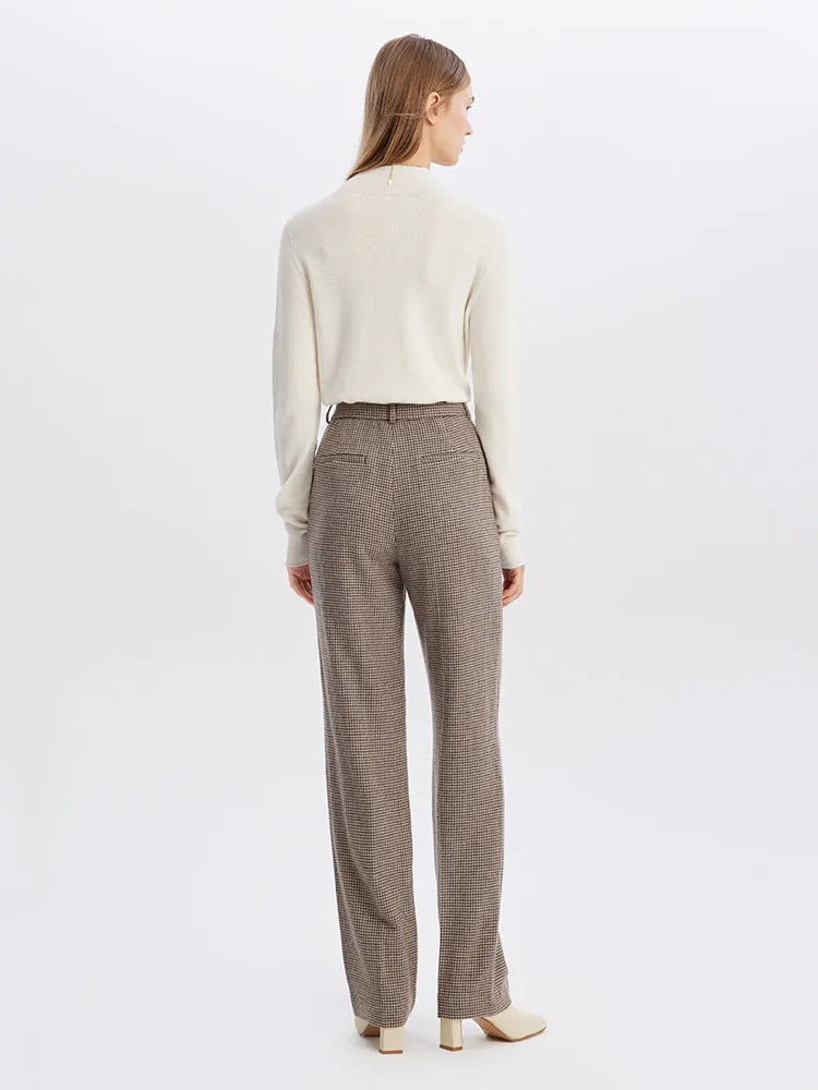 Beige Houndstooth Washable Woolen Pants