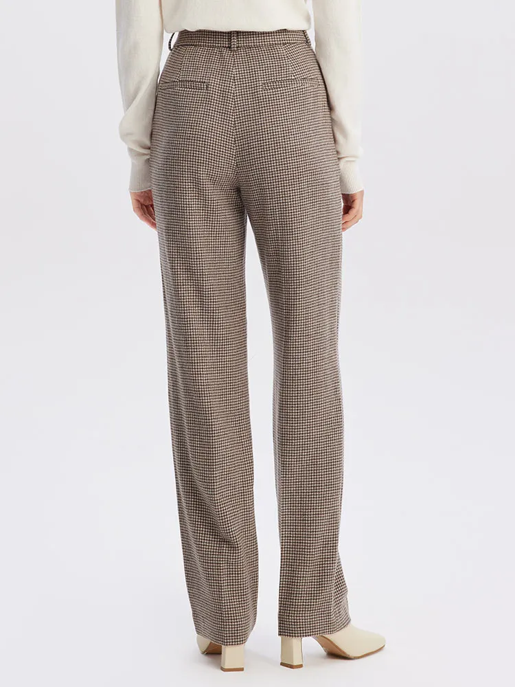 Beige Houndstooth Washable Woolen Pants