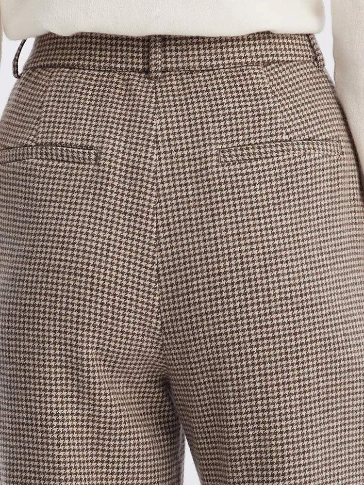 Beige Houndstooth Washable Woolen Pants