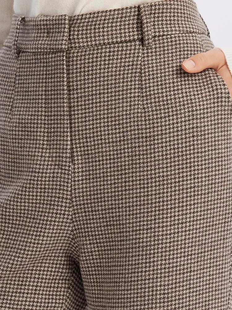 Beige Houndstooth Washable Woolen Pants