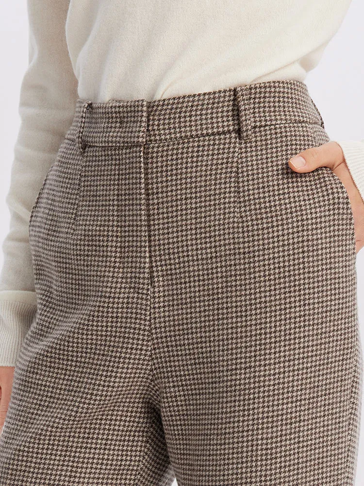 Beige Houndstooth Washable Woolen Pants