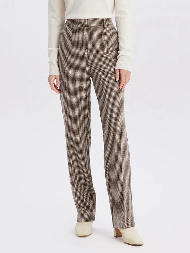 Beige Houndstooth Washable Woolen Pants