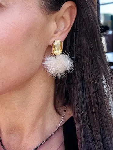 Beige Mink Pom Pom Earrings