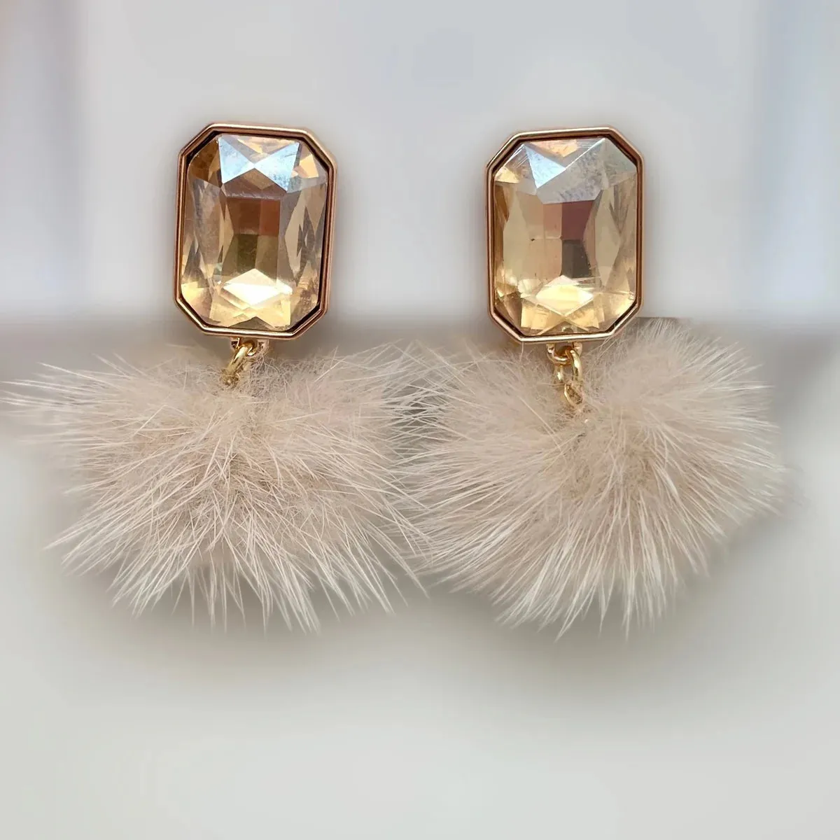 Beige Mink Pom Pom Earrings