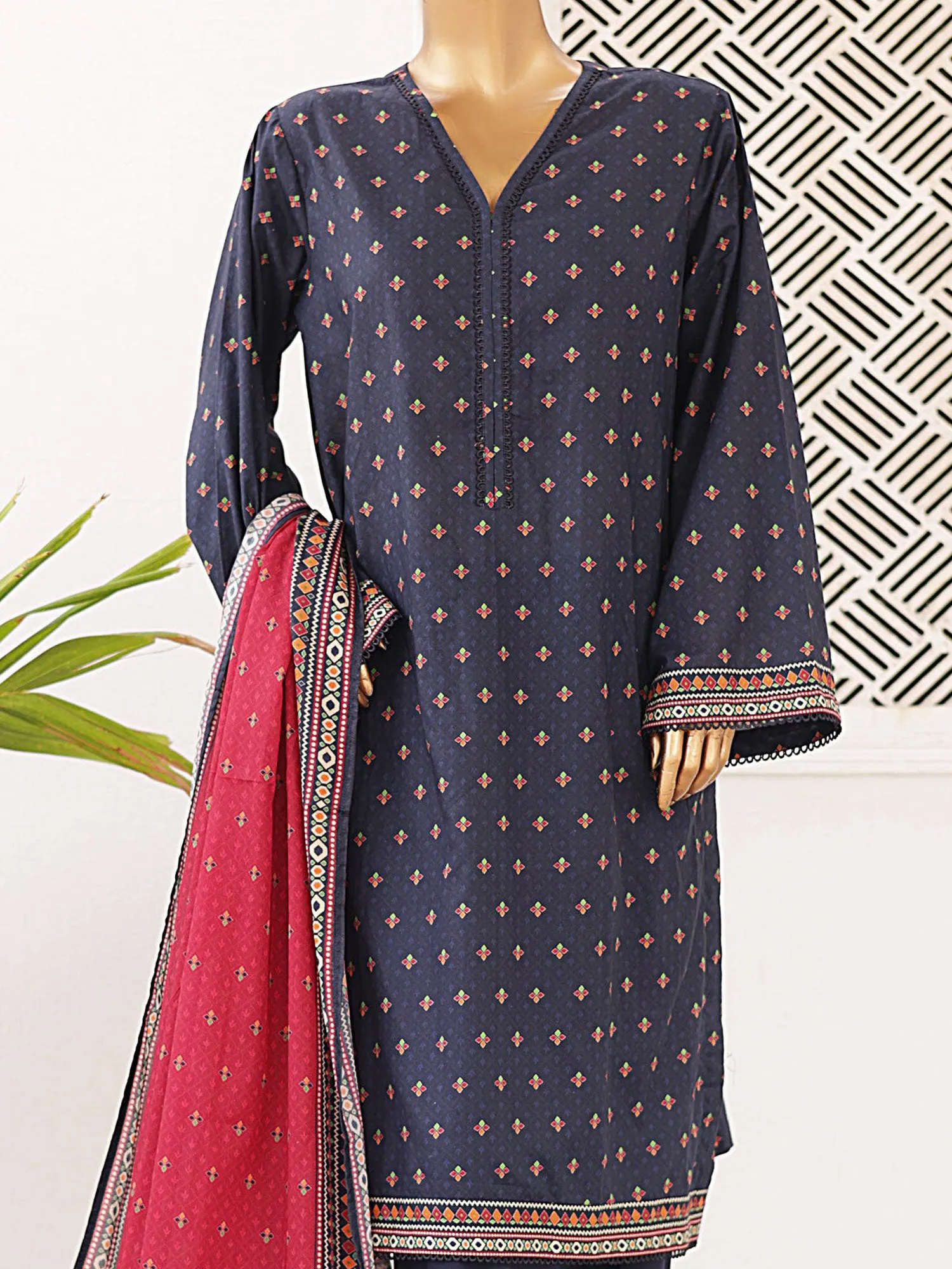 Bin Saeed Printed Lawn 3-Piece Suit - Navy Blue & Pink