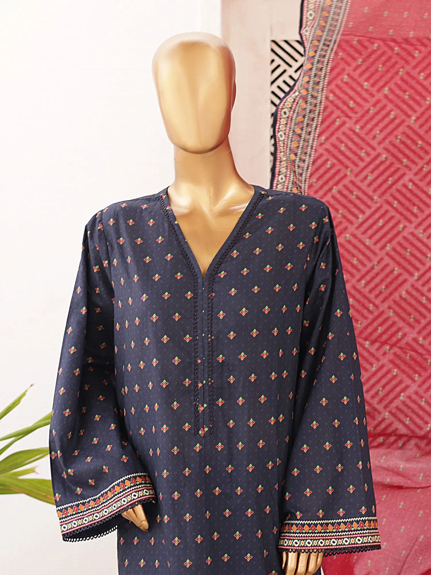 Bin Saeed Printed Lawn 3-Piece Suit - Navy Blue & Pink