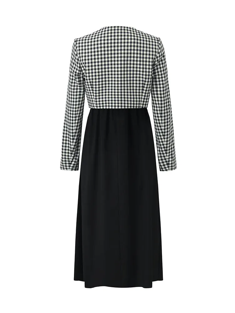 Black And White Check Crop Jacket And Dress Two-Piece Set With Belt