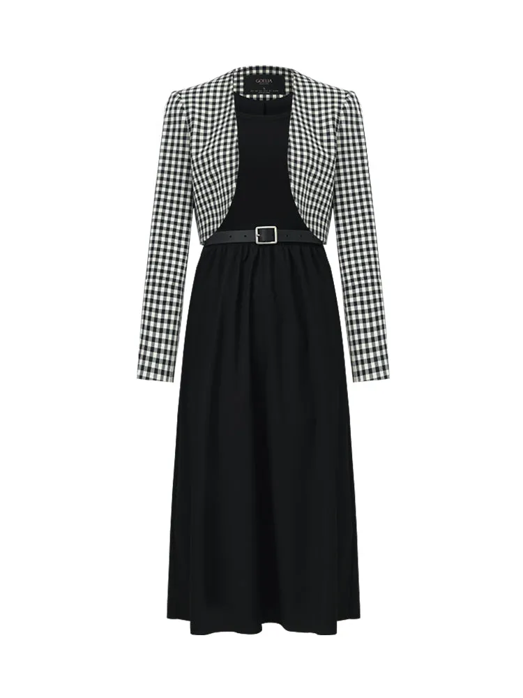 Black And White Check Crop Jacket And Dress Two-Piece Set With Belt