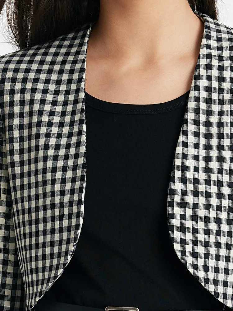 Black And White Check Crop Jacket And Dress Two-Piece Set With Belt