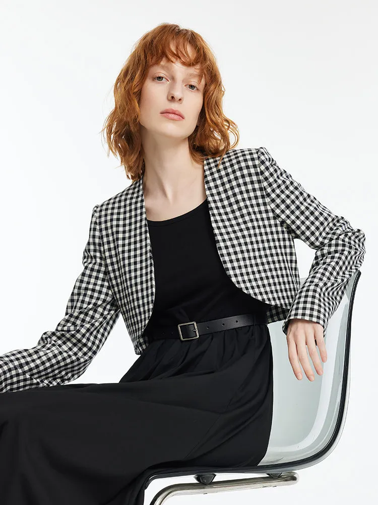 Black And White Check Crop Jacket And Dress Two-Piece Set With Belt