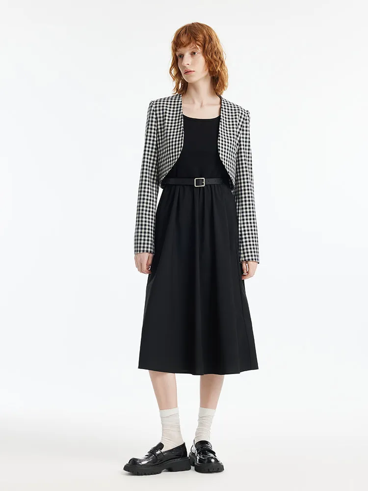 Black And White Check Crop Jacket And Dress Two-Piece Set With Belt