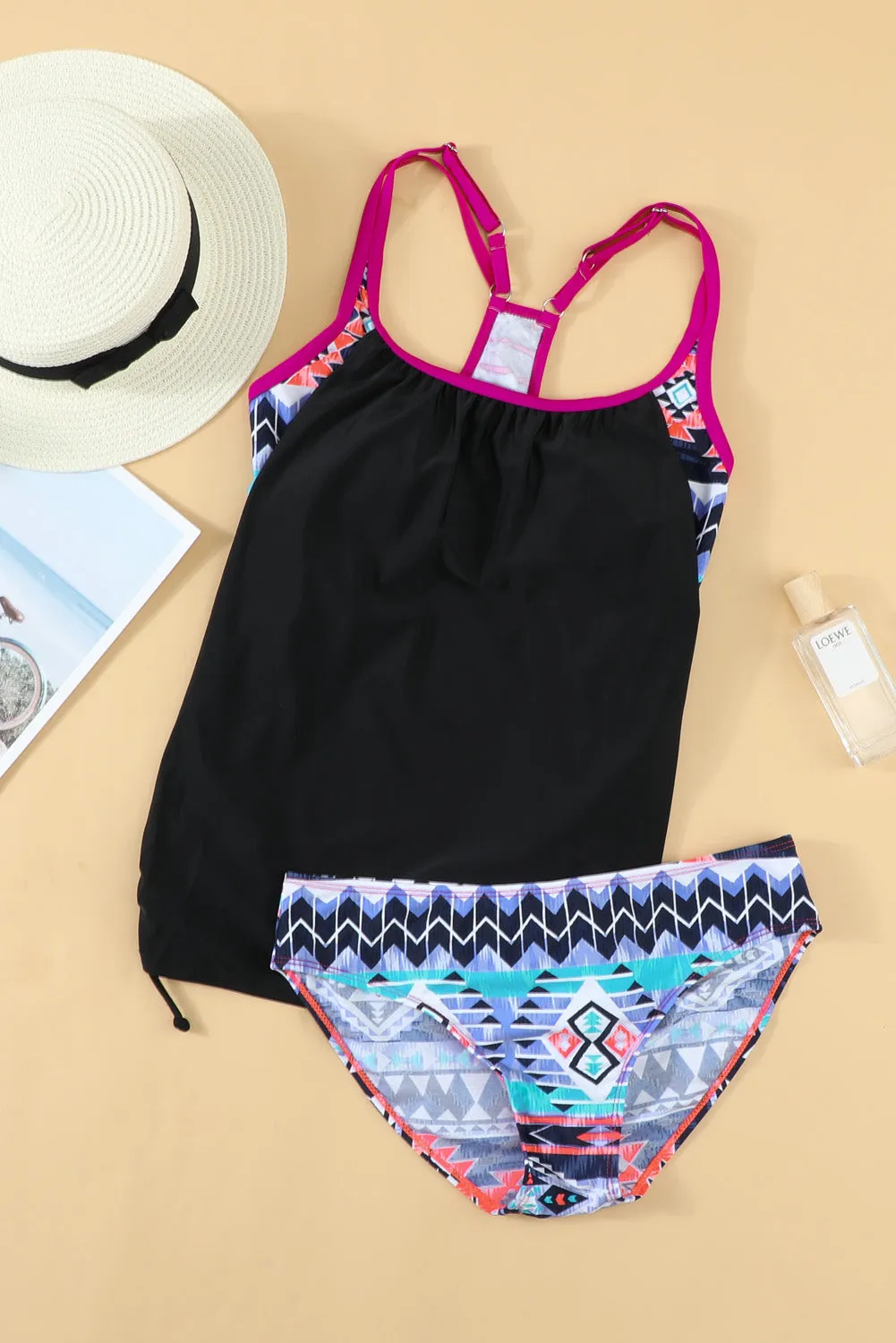 Black Aztec Racerback Ruched Tankini