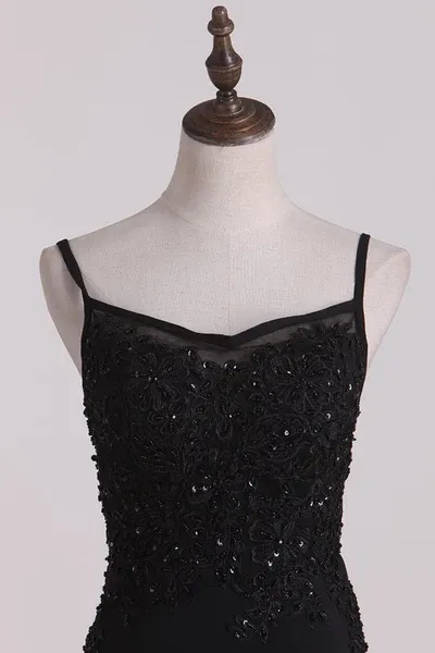 Black Beading Appliques Long Prom Dress Formal Party Dress with Slit,DP1449