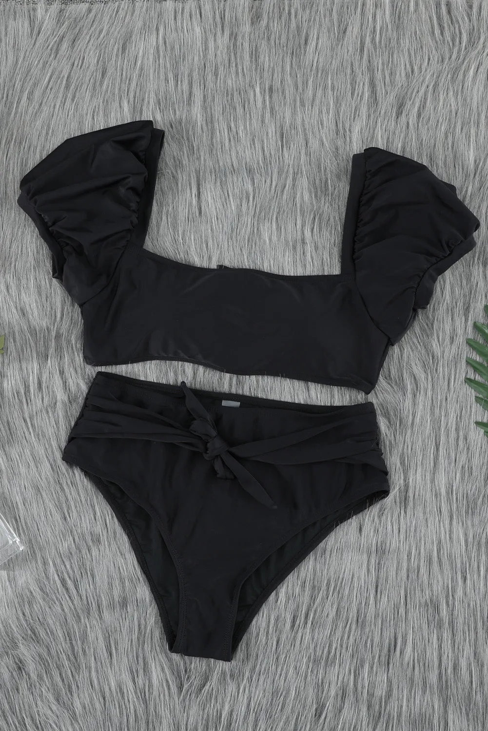 Black Bubble Sleeves High Waist Bikini Set