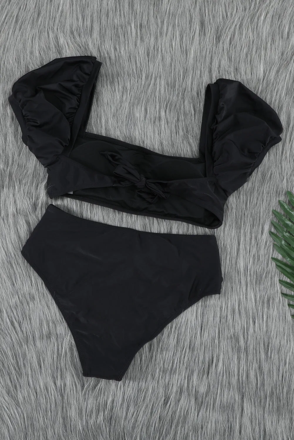 Black Bubble Sleeves High Waist Bikini Set