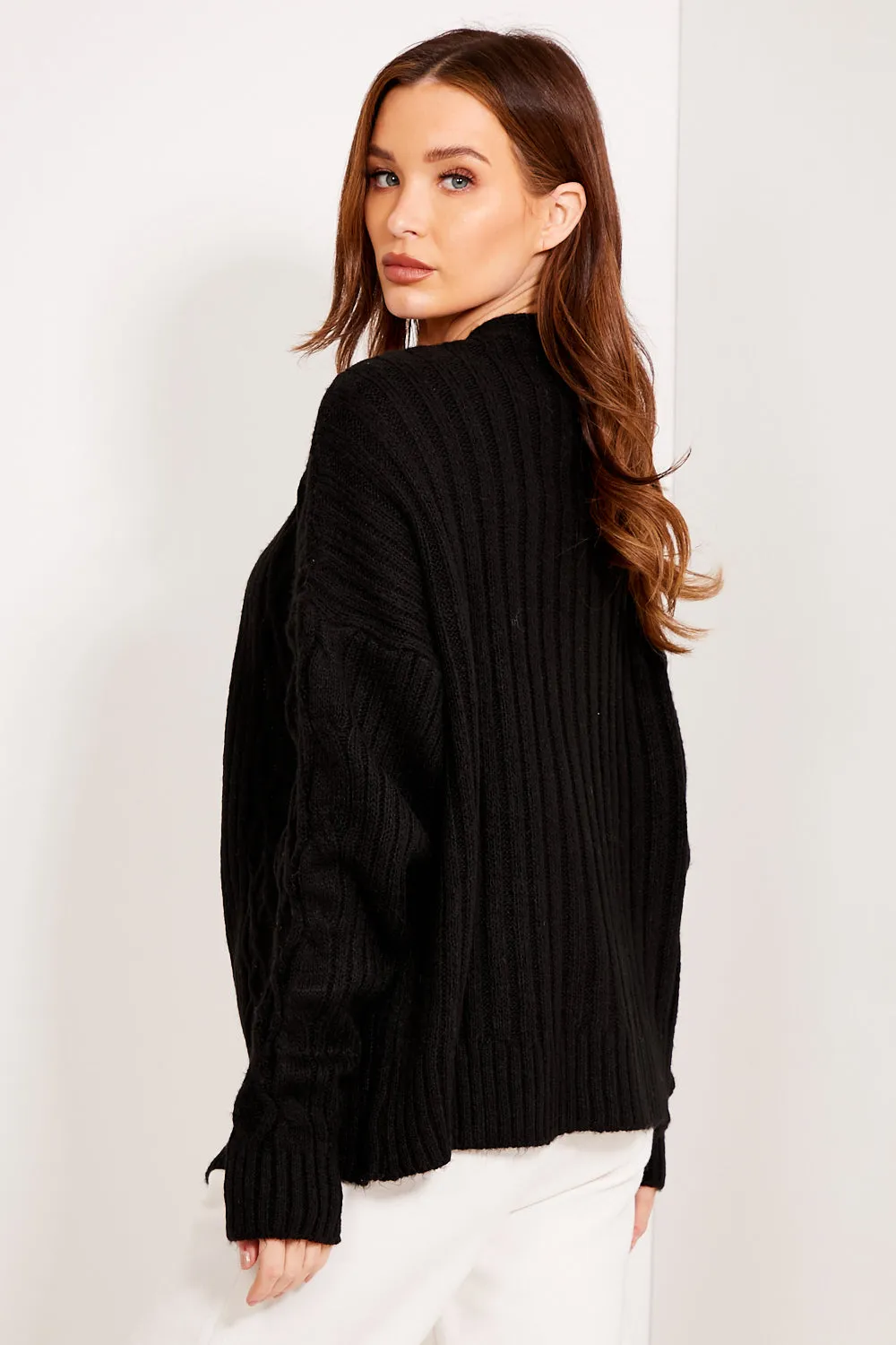 Black Cable Knit Button Up Cardigan