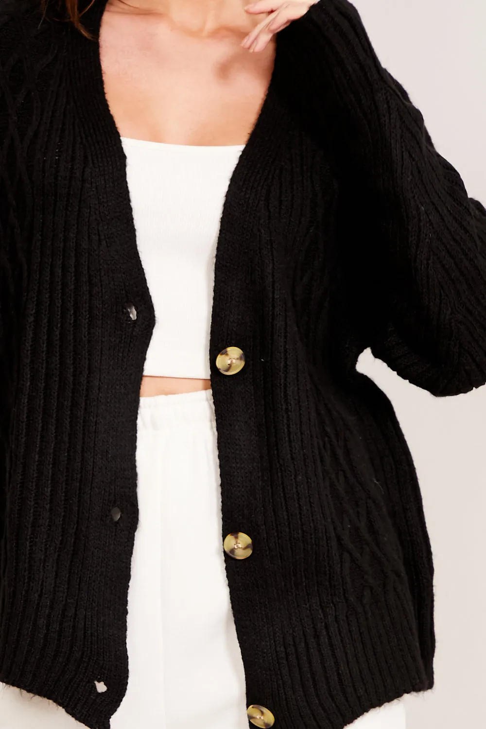 Black Cable Knit Button Up Cardigan