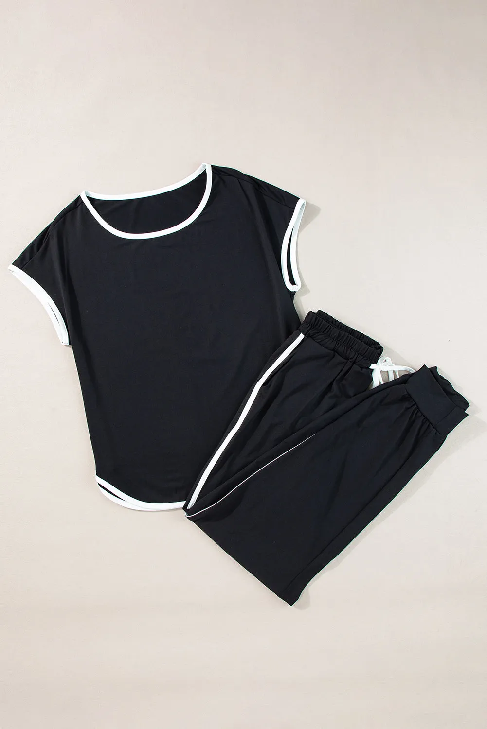 Black Colorblock Trim Casual Two Piece Lounge Set